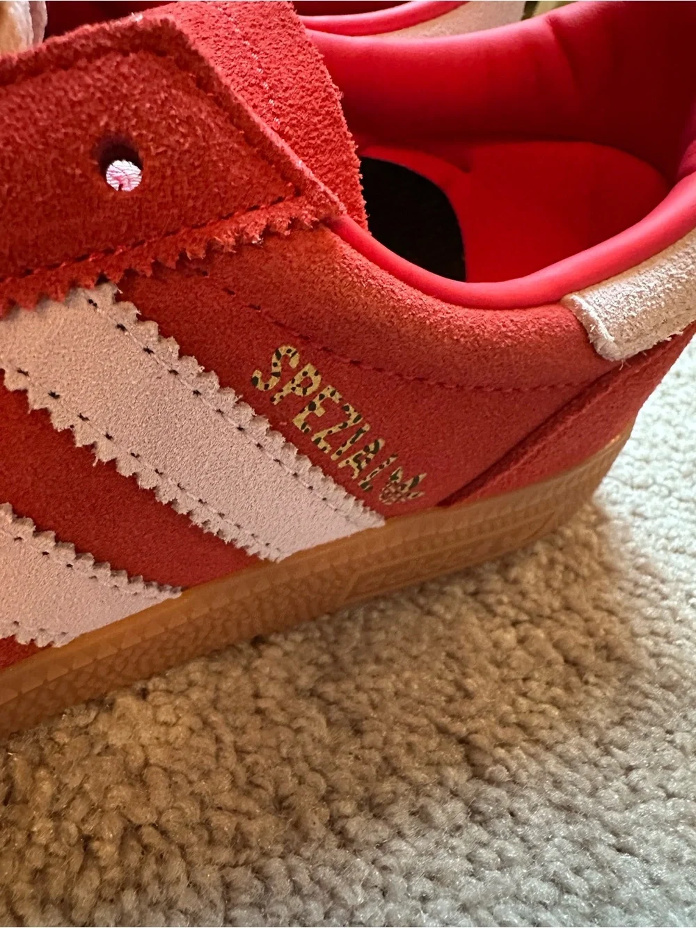 adidas men’s Red Suede Retro Spezial with Pink Stripes and Gum Sole unisex